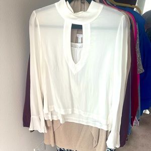 Semi-Sheer White Front and Back Keyhole High Neck Blouse w Bell Sleeves size 6